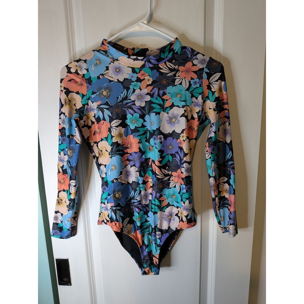 Kids Floral Long Sleeve One Piece Rash Guard Swimsuit Mock Neck Multi
